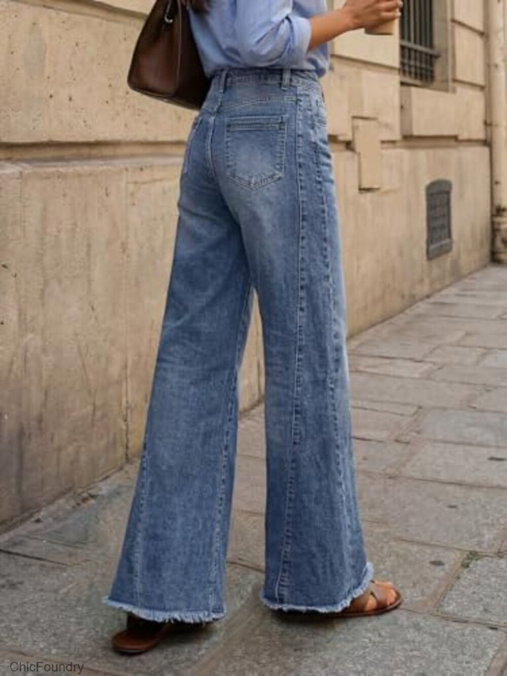 Wide Leg Jeans with Raw Hem, Relaxed Fit, Comfort Denim Pants - Picture 4 of 7
